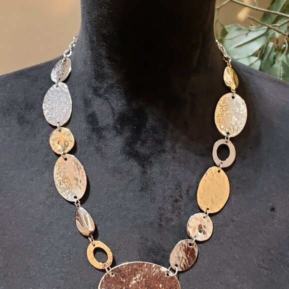 Womens Multi Tone Large Hammered Link Boho Necklace Jewelry with Lobster Clasp - Picture 2 of 7